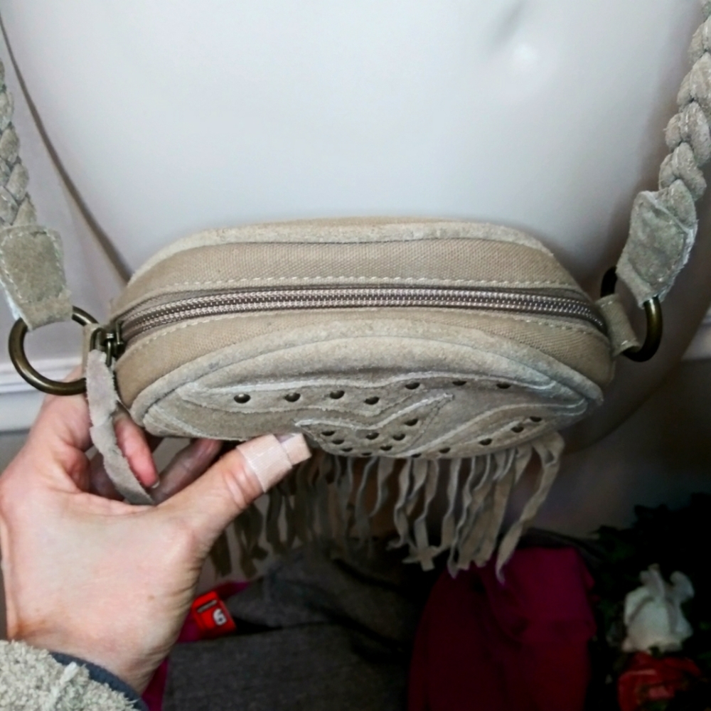 Earthbound Trading Co. Boho Tan Canvas & Studded Suede Fringed Crossbody Purse - Picture 8 of 13